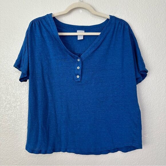 Chico’s 100% Linen Blue Stretch Henley Tee - Picture 1 of 12